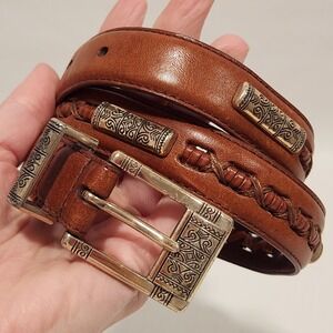 90s Vtg Fossil Women's Belt Size S‎ 30 Brown Leather Silver Tone Western Braided